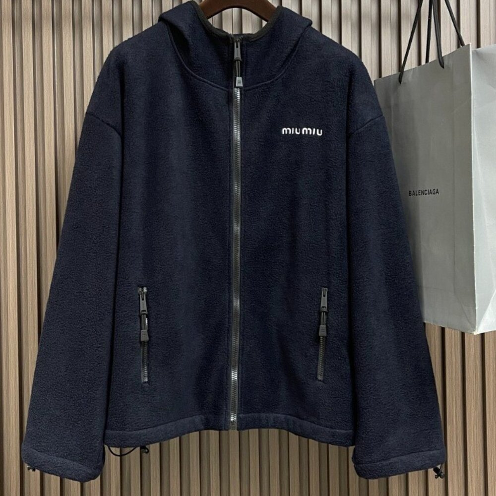 MIUMIU Solid Color Fleece Hooded Zip-Up Sweatshirt, Elastic Hem, Unisex, Navy Bl